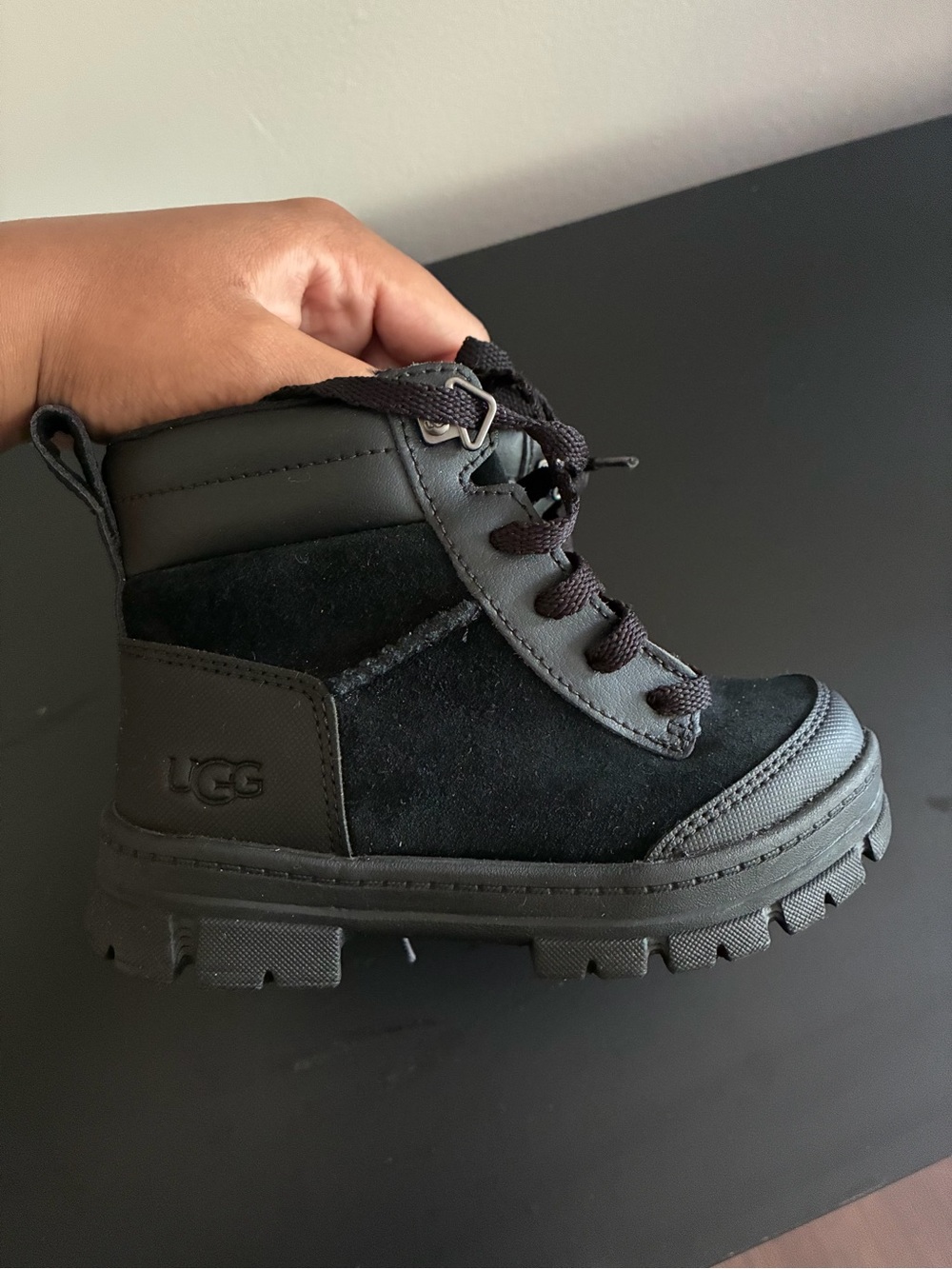 UGG Kids Black Lace-Up Suede Combat Boot